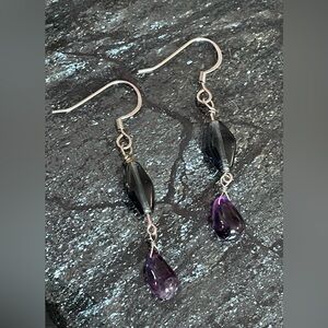 Purple Amethyst and Blue Glass Handmade Earrings